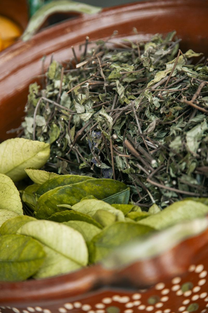 A painted clay bowl of dried herbs above a bed of fresh citrus leaves.